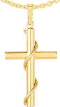 Load image into Gallery viewer, 14k Yellow Gold 1.4" Rope Wrapped Cylinder Tube Cross Charm Pendant with optional Adjustable Chain Necklace
