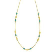 Load image into Gallery viewer, 14k Yellow Gold Onyx Malachite Turquoise &amp; Mother of Pearl Inlay Triple Link Station Solid Cable Chain Necklace
