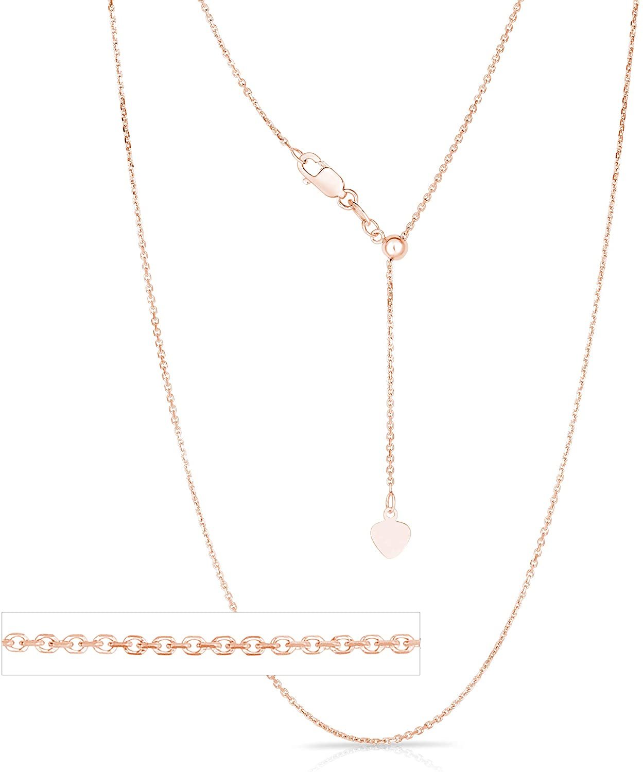 14k Fine Gold 0.9mm Adjustable Link Cable Chain Necklace with Small Heart Charm