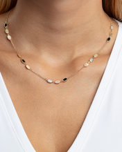Load image into Gallery viewer, 14k Yellow Gold Onyx Malachite Turquoise &amp; Mother of Pearl Inlay Triple Link Station Solid Cable Chain Necklace
