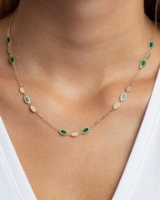 Load image into Gallery viewer, 14k Yellow Gold Onyx Malachite Turquoise &amp; Mother of Pearl Inlay Triple Link Station Solid Cable Chain Necklace
