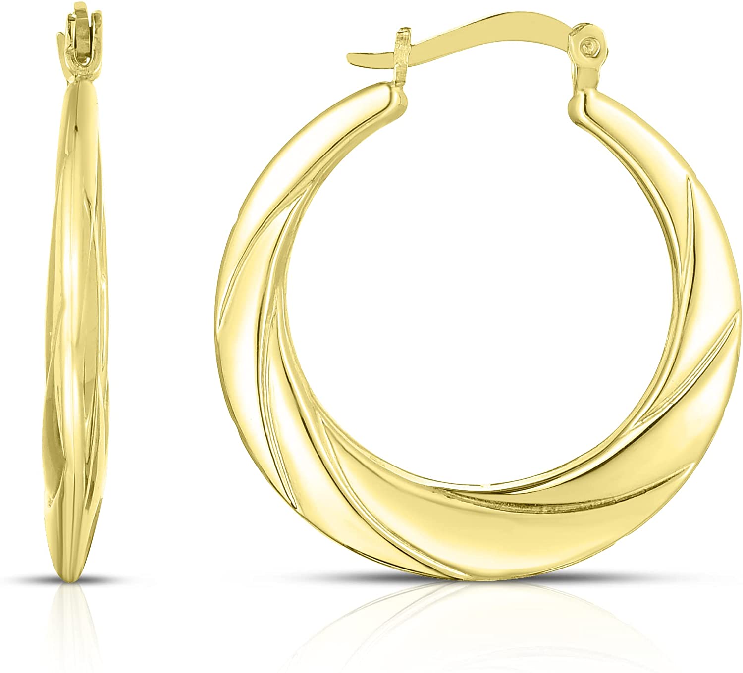 10k Yellow Gold High Polish and Twisted Swirl Cut Design Hoop Earrings