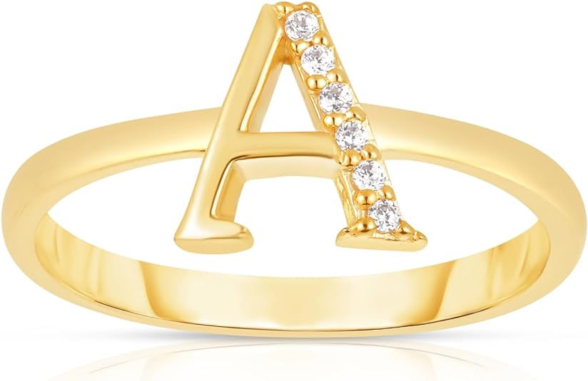 10k Yellow Gold Personalized Letter A-Z Small Block Alphabet Character CZ Initial Ring