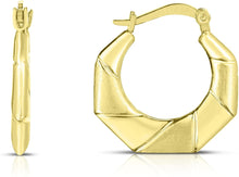 Load image into Gallery viewer, 10k Yellow Gold Octagon Twisted High Polished and Satin Brushed Hoop Earrings
