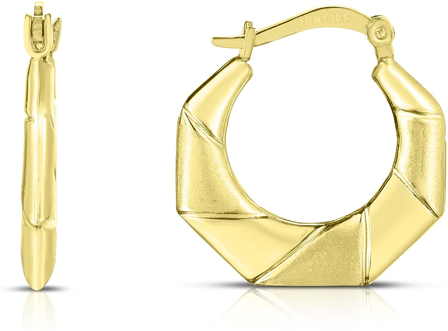 10k Yellow Gold Octagon Twisted High Polished and Satin Brushed Hoop Earrings