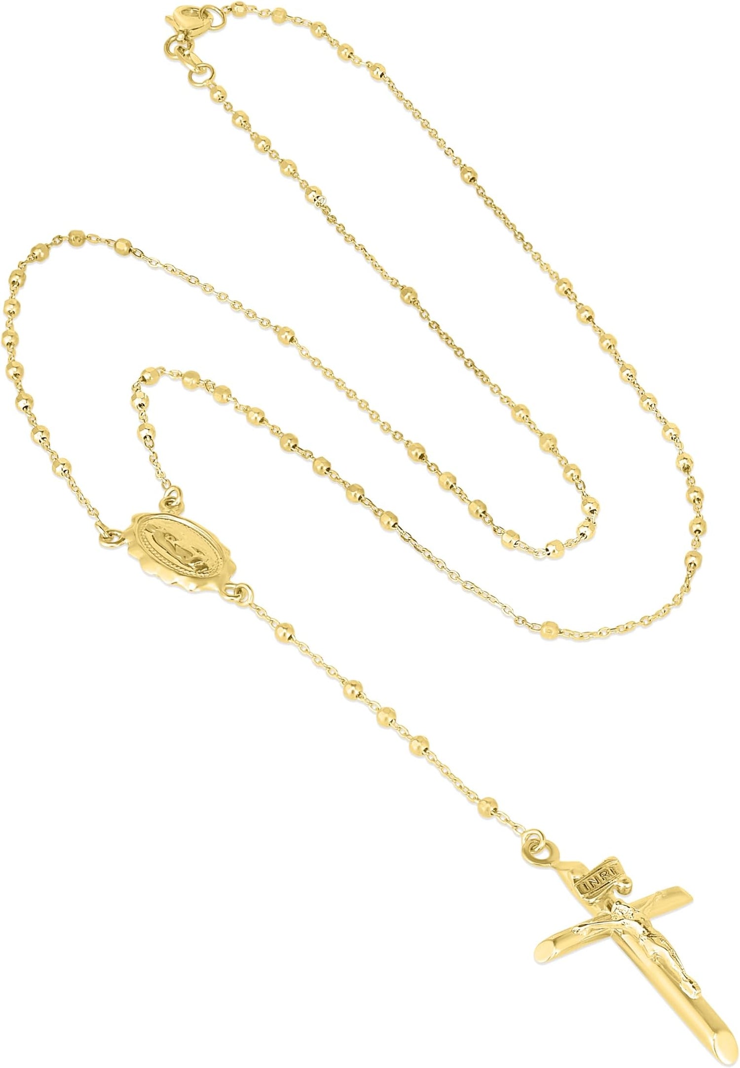10k Yellow Gold or Tri Color 2mm Rosary with Virgin Mary Medal and Crucifix of Jesus Cross Pendant Chain Necklace