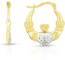 Load image into Gallery viewer, 10k Yellow Gold Ribbed Claddagh and Two Tone Heart Shape Hoop Earrings
