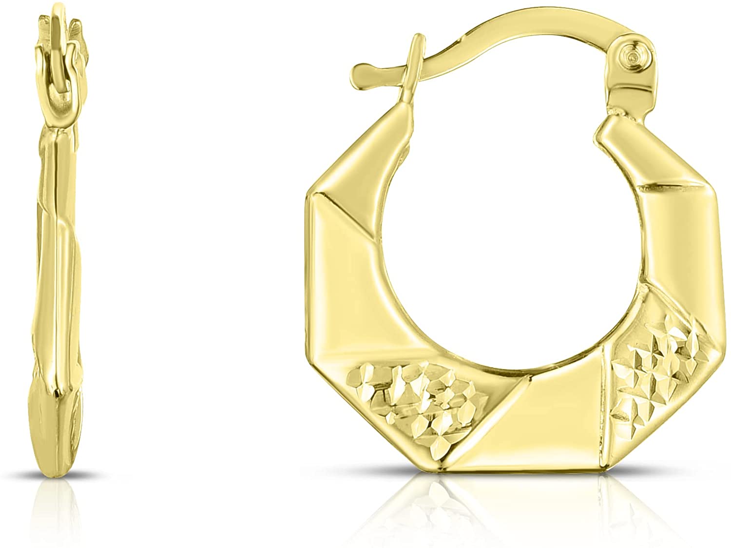 10k Yellow Gold Octagon Twisted High Polished and Textured Hoop Earrings