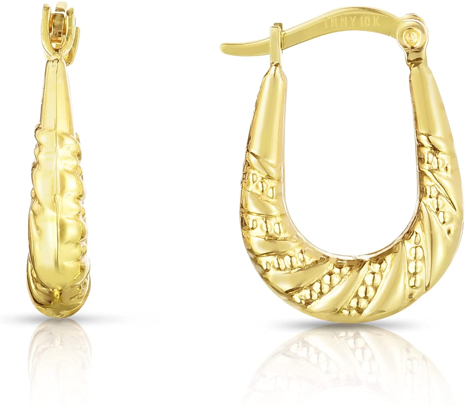 10k Yellow Gold Beaded Twisted Swirl Oval  U Shape Hoop Earrings
