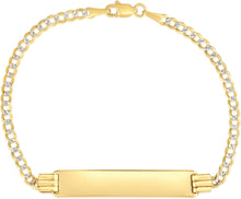 Load image into Gallery viewer, 10k Yellow and White Gold 3mm Solid Pave Curb Link Personalized Engraved Name Bar Custom Two-Tone ID Bracelet
