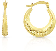 Load image into Gallery viewer, 10k Yellow Gold High Polish with Royal Design Hoop Earrings

