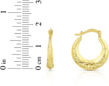 Load image into Gallery viewer, 10k Yellow Gold High Polish with Royal Design Hoop Earrings

