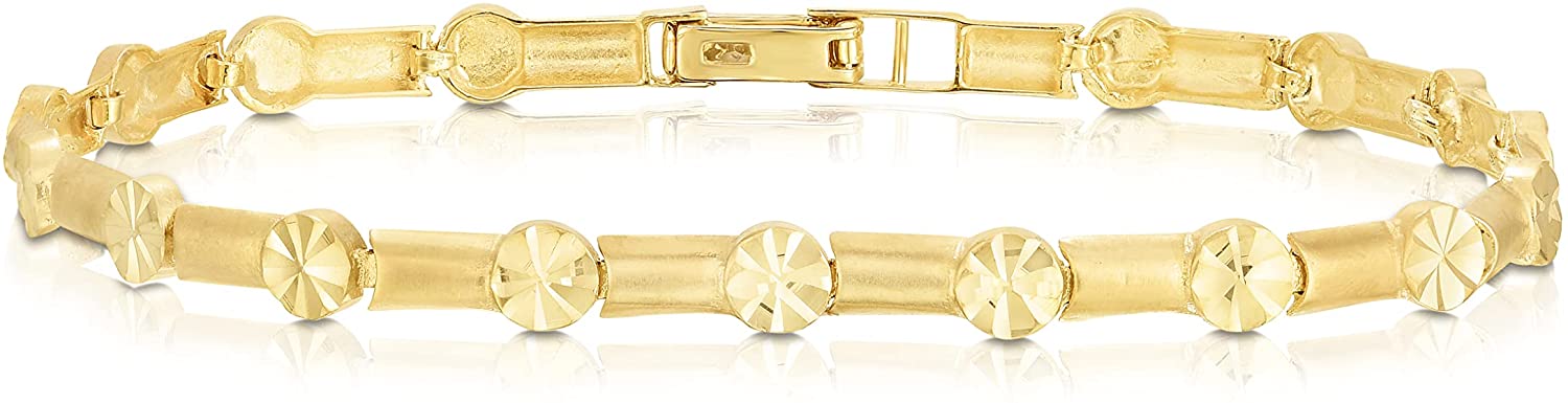 10k Yellow Gold Satin Finish Links with Round Circle Diamond Cut Finish Charm Bracelet