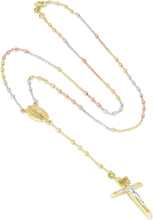 Load image into Gallery viewer, 10k Yellow Gold or Tri Color 2mm Rosary with Virgin Mary Medal and Crucifix of Jesus Cross Pendant Chain Necklace
