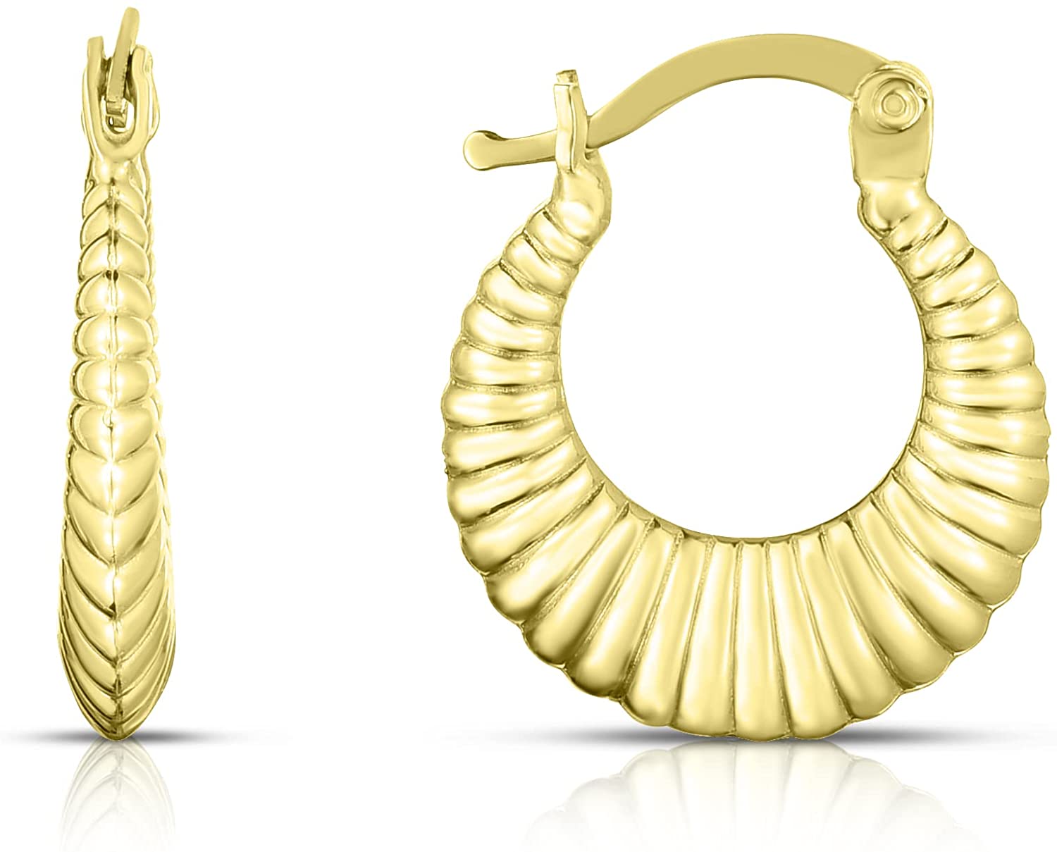 10k Yellow Gold Scalloped Ribbed Shrimp Hoop Earrings