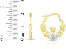 Load image into Gallery viewer, 10k Yellow Gold Ribbed Claddagh and Two Tone Heart Shape Hoop Earrings
