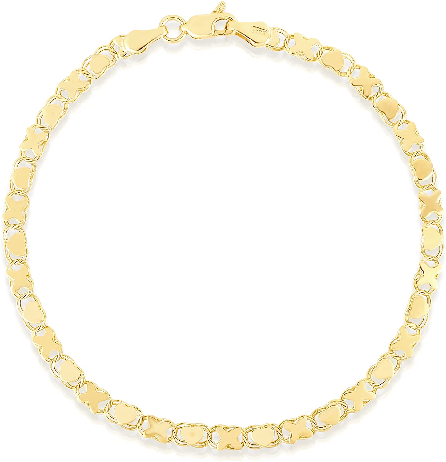 10k Yellow Gold XOXO X and Heart Double Link Bracelet, 3.5mm