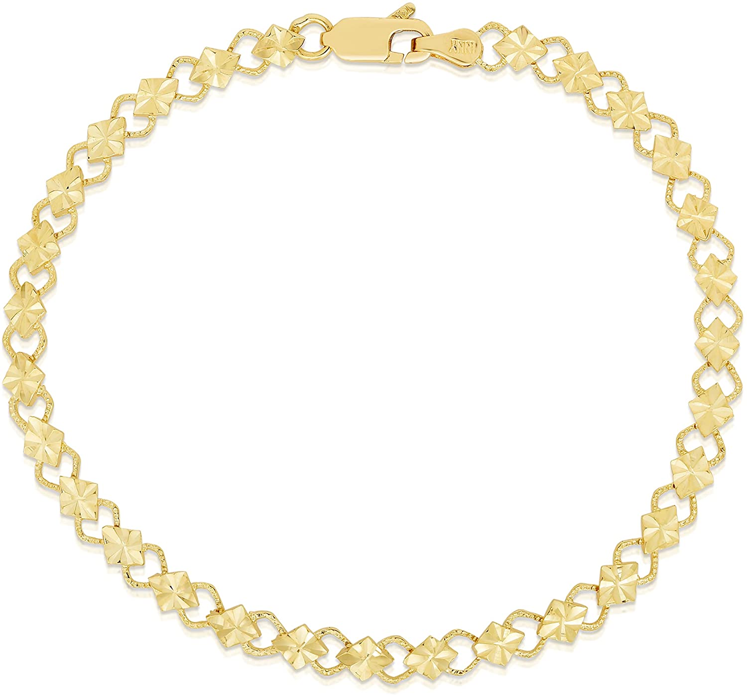 10k Yellow Gold Filigree Single Row Square with Princess Diamond Cut Finish Link Bracelet