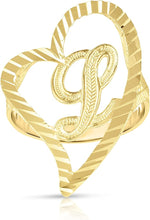 Load image into Gallery viewer, 10k Yellow Gold Small Medium or Large A-Z Cursive initial Letter Heart Ring
