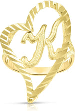 Load image into Gallery viewer, 10k Yellow Gold Small Medium or Large A-Z Cursive initial Letter Heart Ring
