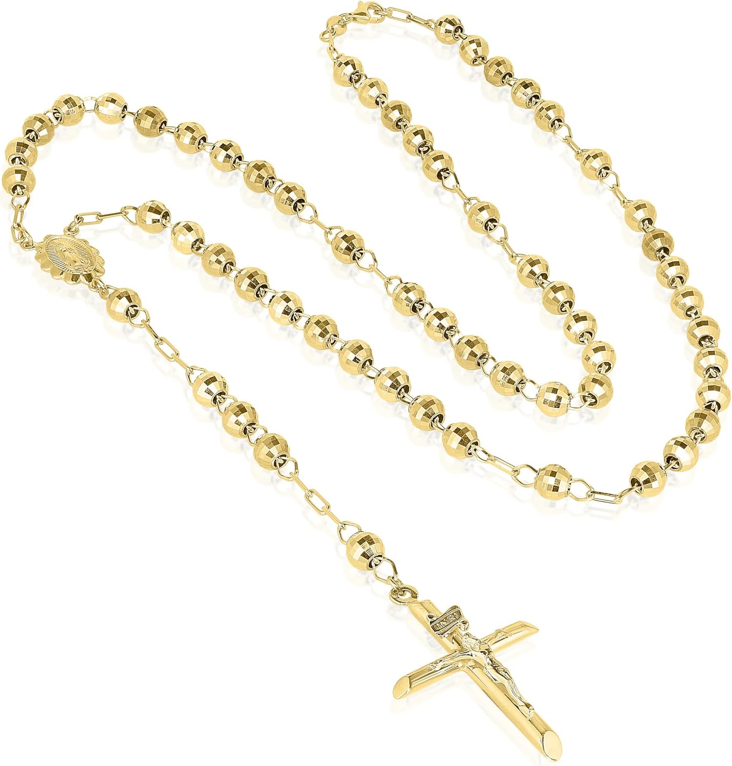 10k Yellow Gold or Tri Color 5mm Rosary with Virgin Mary Medal and Crucifix of Jesus Cross Pendant Chain Necklace