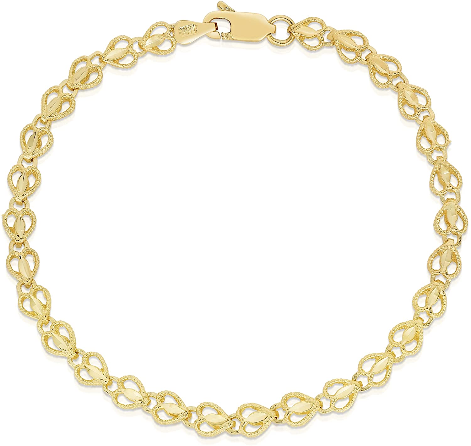 10k Yellow Gold Filigree Heart with Marquise Diamond Cut Finish Link Bracelet