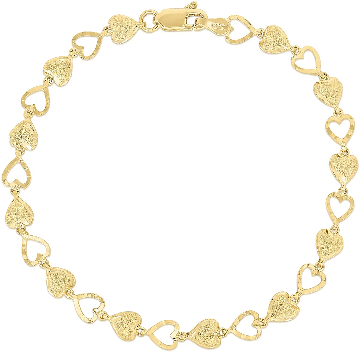 10k Yellow Gold Heart Shape with Open and Textured Finish Pattern Link Bracelet