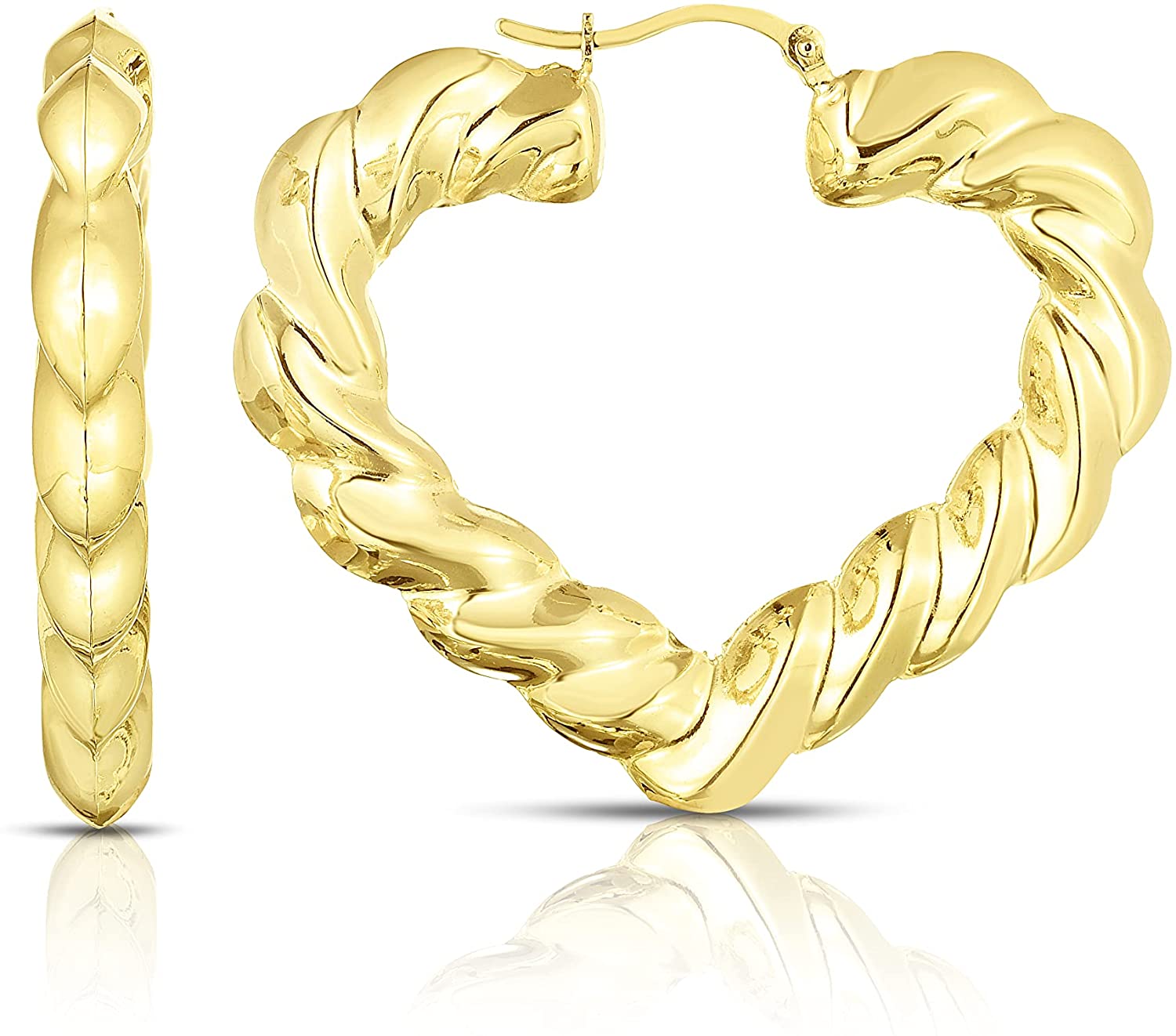 10k Yellow Gold Twisted Swirl Scalloped Heart Shape Hoop Earrings