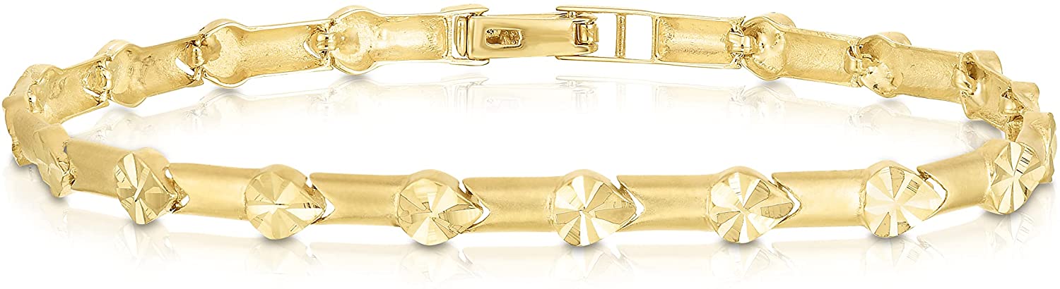 10k Yellow Gold Satin Finish Links with Pear Shape Diamond Cut Finish Charm Bracelet