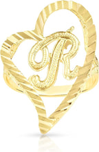 Load image into Gallery viewer, 10k Yellow Gold Small Medium or Large A-Z Cursive initial Letter Heart Ring
