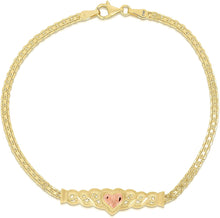 Load image into Gallery viewer, 10k Yellow Gold Bismark Links with Rose Gold Heart Filigree Charm Bracelet
