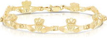 Load image into Gallery viewer, 10k Yellow Gold Satin Finish Claddagh with Textured Finish Heart and Crown Link Bracelet

