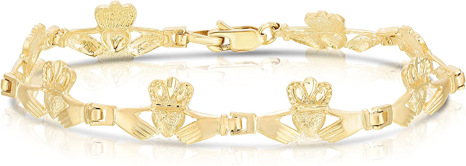 10k Yellow Gold Satin Finish Claddagh with Textured Finish Heart and Crown Link Bracelet