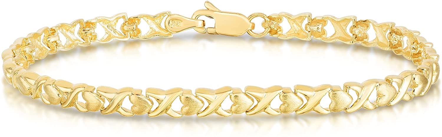 10k Yellow Gold XOXO X and O Heart Shape Satin and High Polish Finish Bracelet