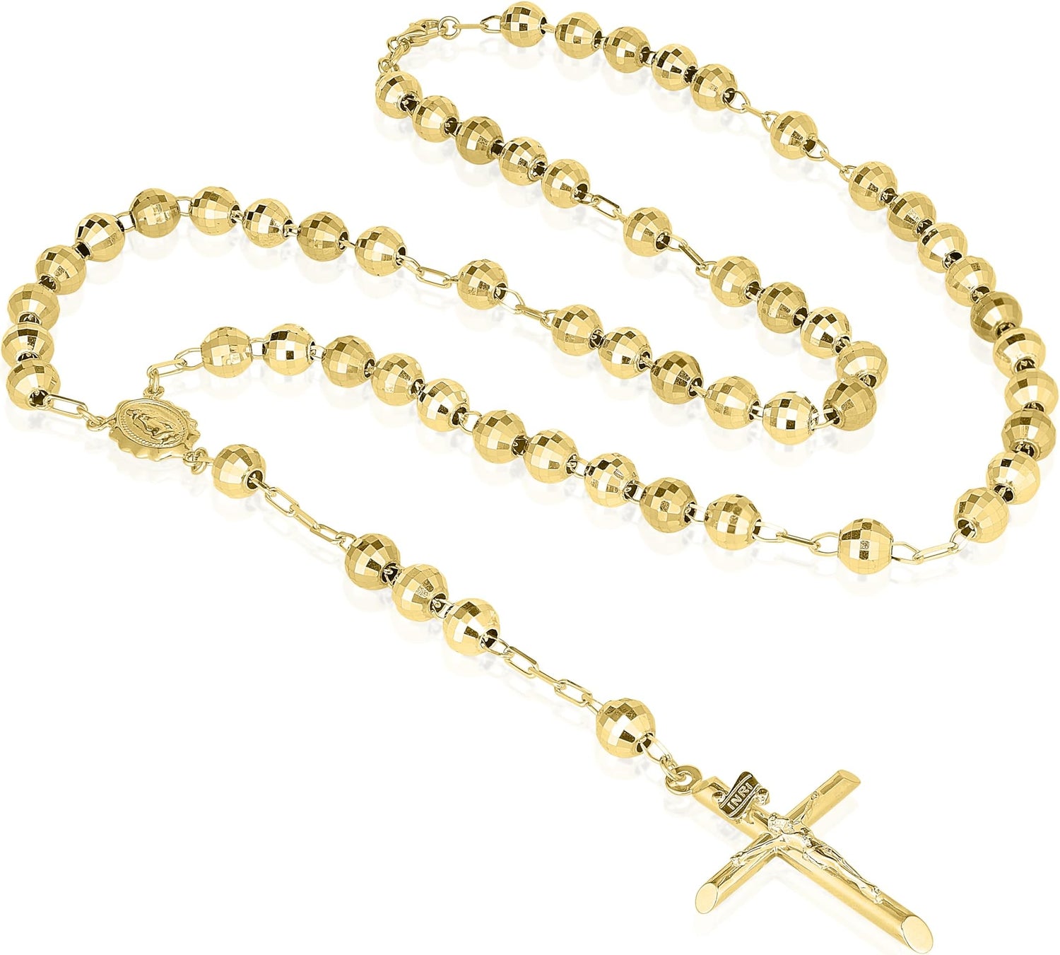 10k Yellow Gold or Tri Color 6mm Rosary with Virgin Mary Medal and Crucifix of Jesus Cross Pendant Chain Necklace