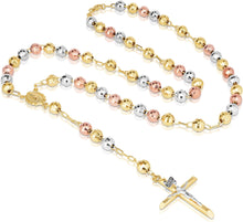 Load image into Gallery viewer, 10k Yellow Gold or Tri Color 6mm Rosary with Virgin Mary Medal and Crucifix of Jesus Cross Pendant Chain Necklace
