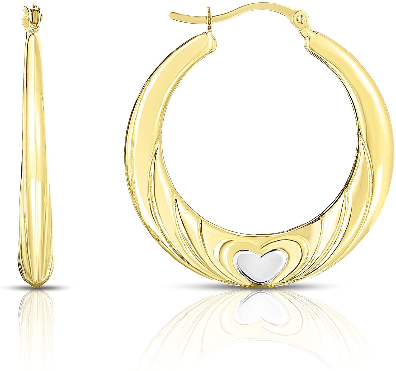 10k Two-Tone Gold Heart Shape and Vibration Design Hoop Earrings