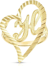 Load image into Gallery viewer, 10k Yellow Gold Small Medium or Large A-Z Cursive initial Letter Heart Ring
