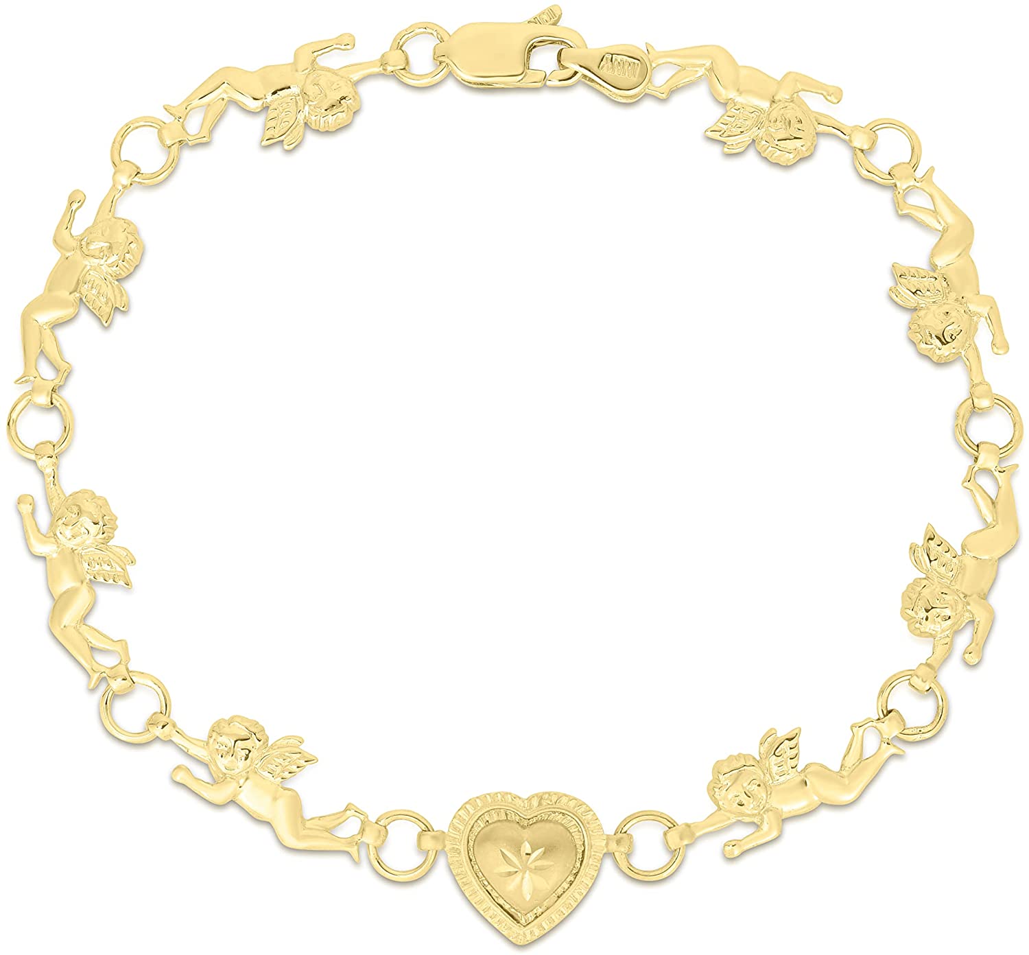 10k Yellow Gold Flying Baby Angel with Heart Charm Link Bracelet