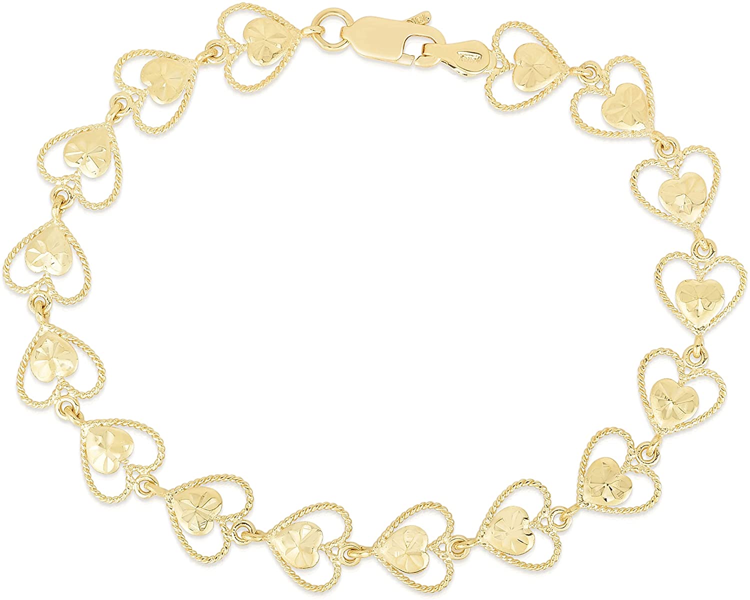 10k Yellow Gold Filigree Open Heart Shape with Heart Diamond Cut Finish Link Bracelet