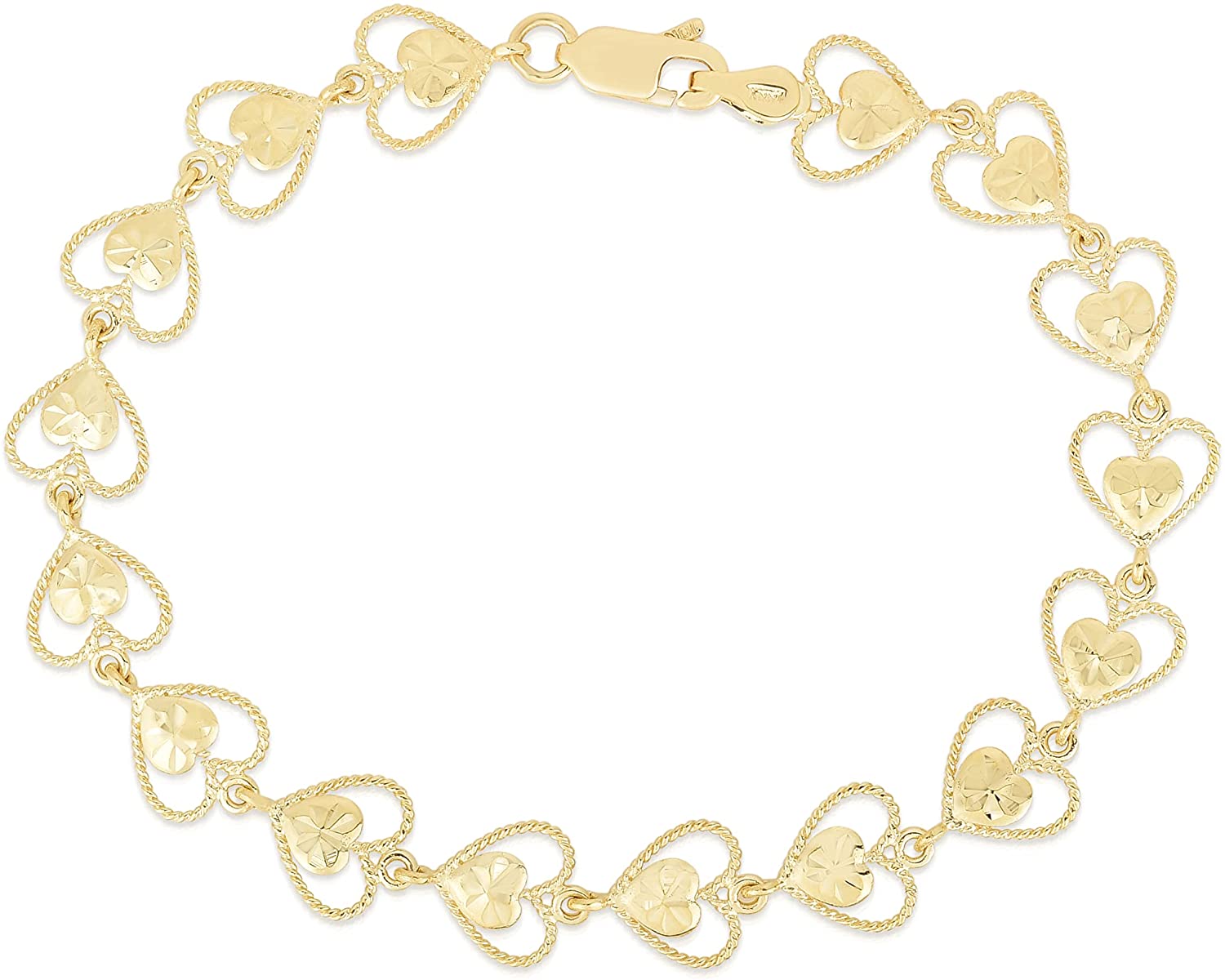 10k Yellow Gold Filigree Open Heart Shape with Heart Diamond Cut Finish Link Bracelet