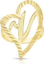 Load image into Gallery viewer, 10k Yellow Gold Small Medium or Large A-Z Cursive initial Letter Heart Ring
