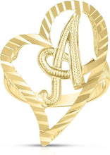 Load image into Gallery viewer, 10k Yellow Gold Small Medium or Large A-Z Cursive initial Letter Heart Ring
