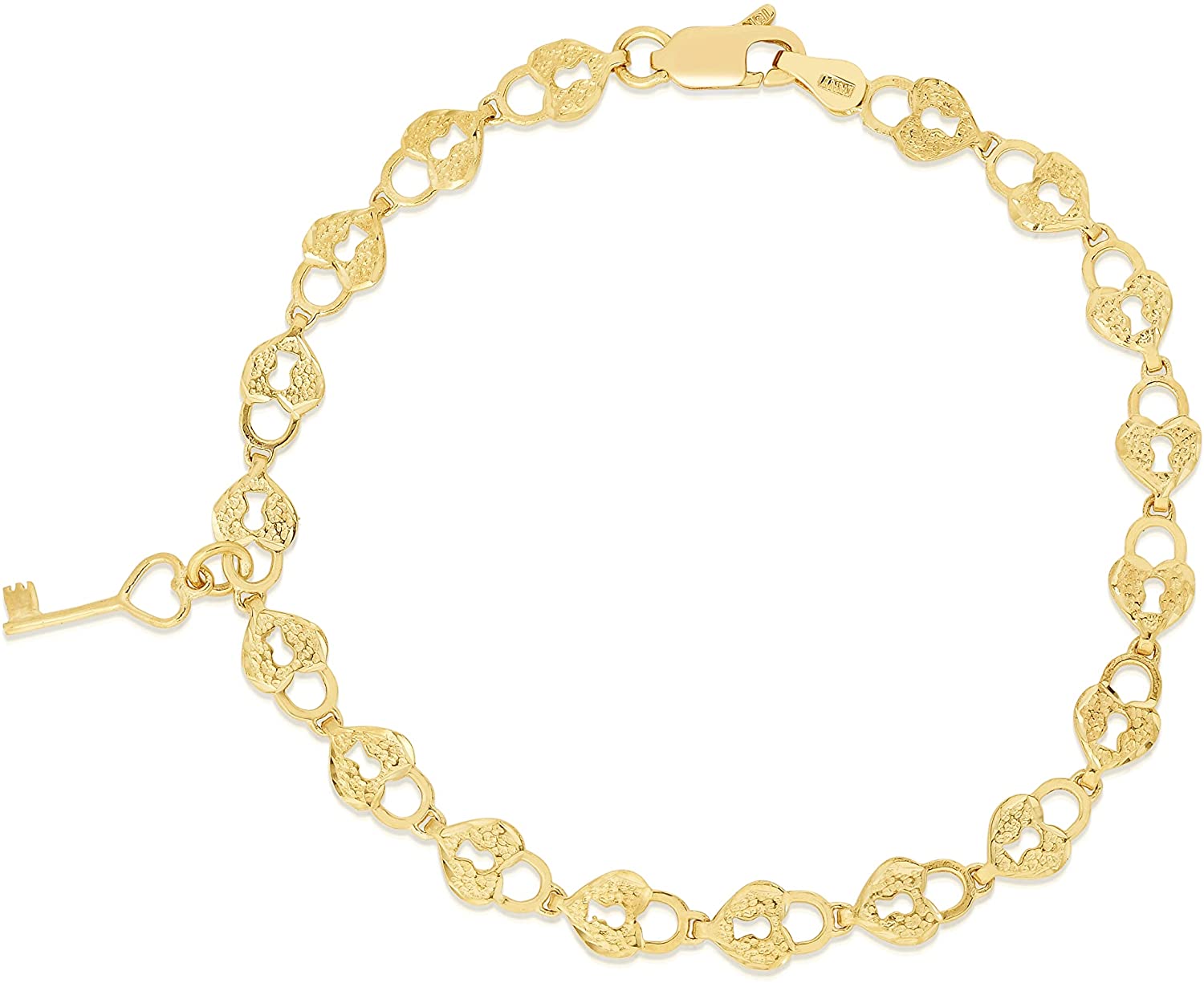 10k Yellow Gold Textured Finish Heart Shape Lock and Key Link Charm Bracelet