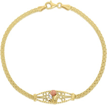 Load image into Gallery viewer, 10k Yellow Gold Bismark Links with Rose Gold Rose and White Gold Leaf Filigree Charm Bracelet
