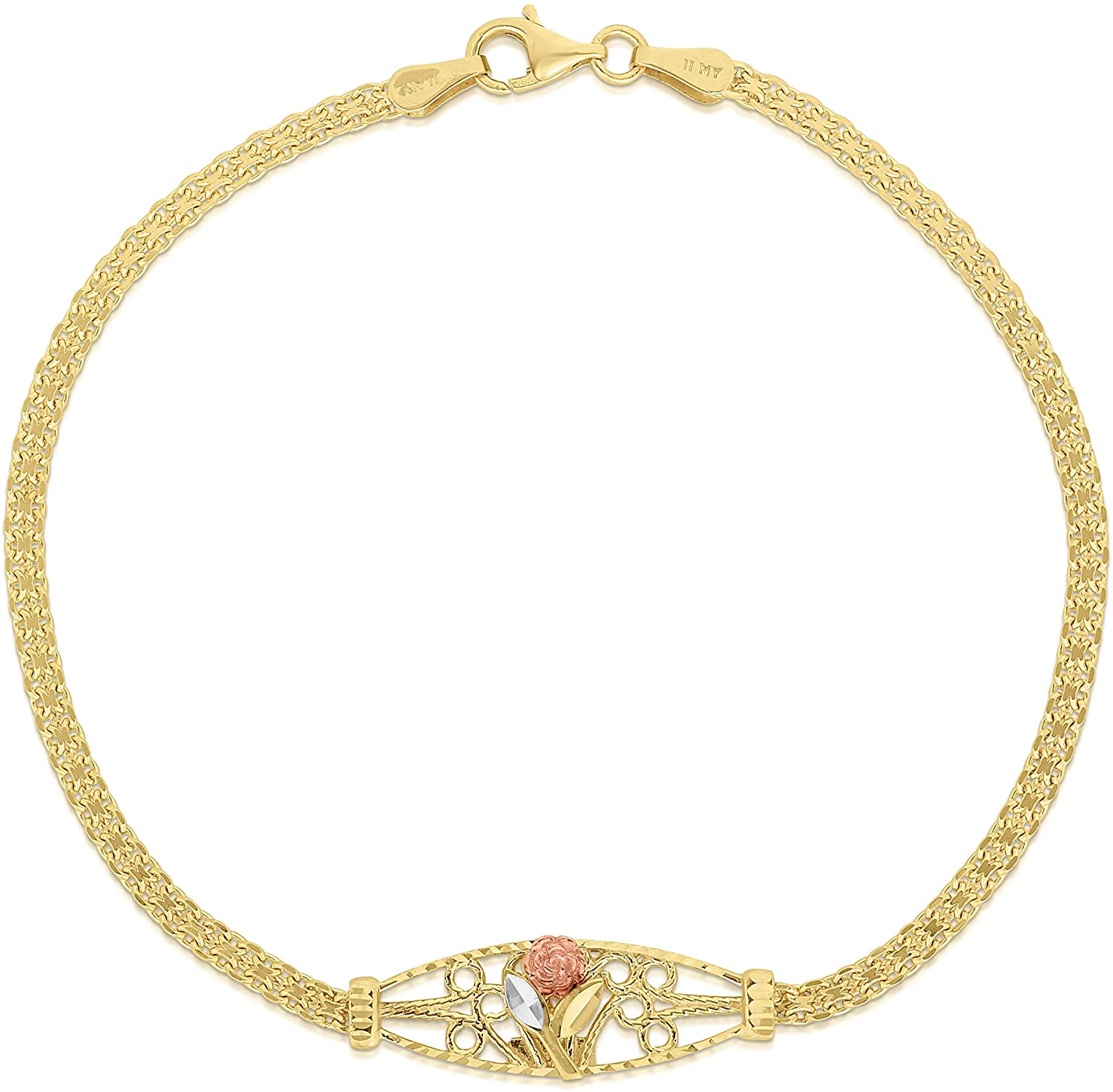 10k Yellow Gold Bismark Links with Rose Gold Rose and White Gold Leaf Filigree Charm Bracelet