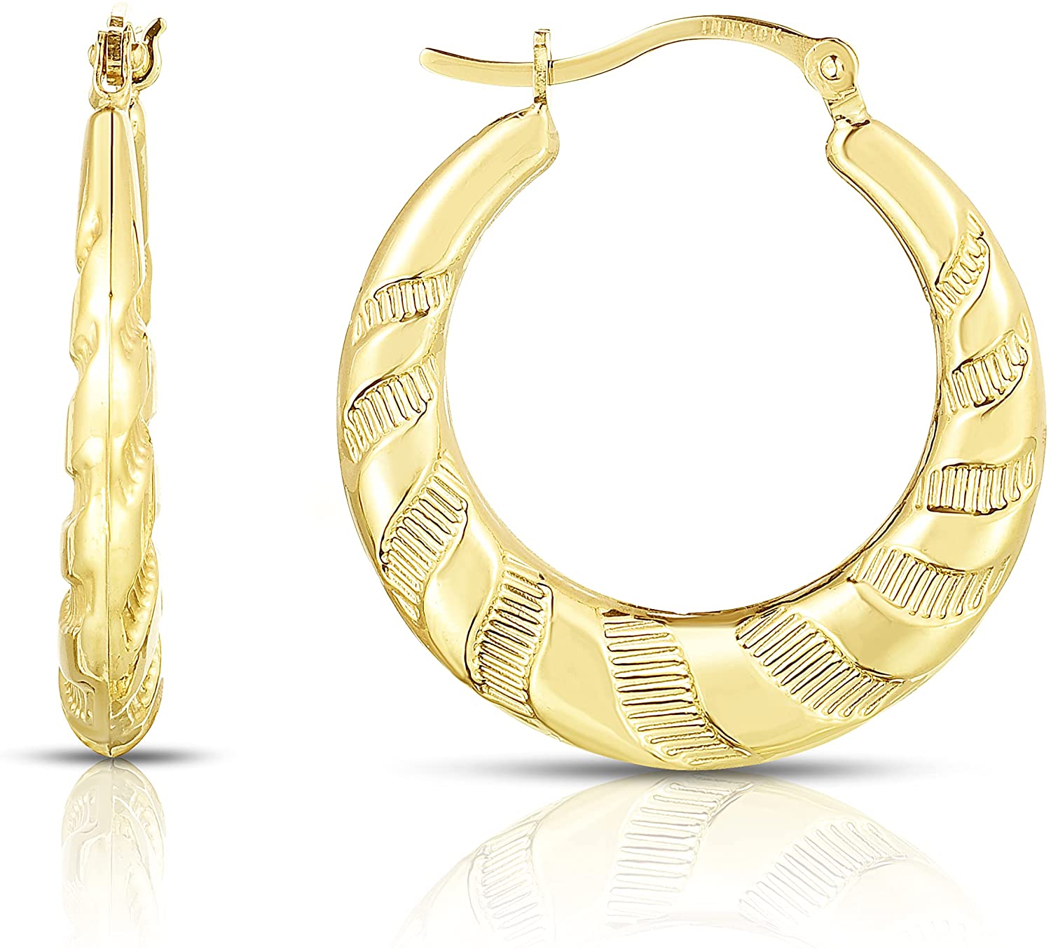 10k Yellow Gold High Polish and Twisted Swirl Ribbed Hoop Earrings