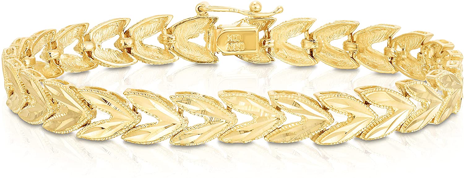 10k Yellow Gold 7.5mm Leaf with Diamond Cut Finish Link Bracelet