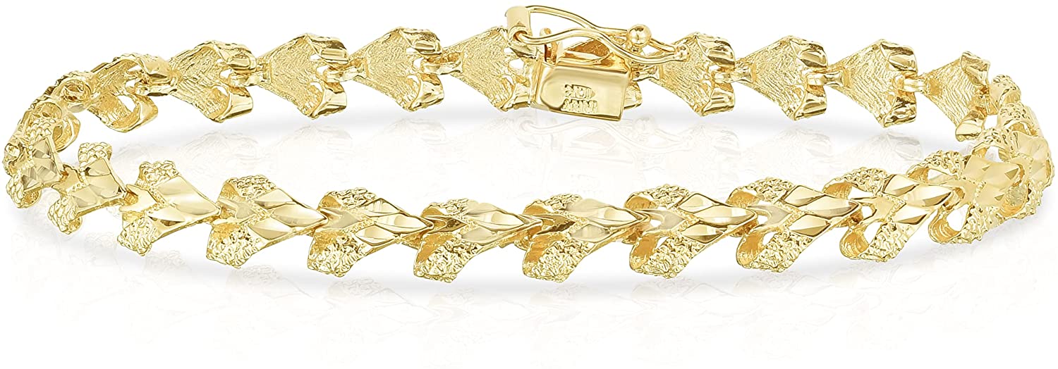 10k Yellow Gold 7.5mm Heart Shape with Diamond Cut and Satin Finish Link Bracelet