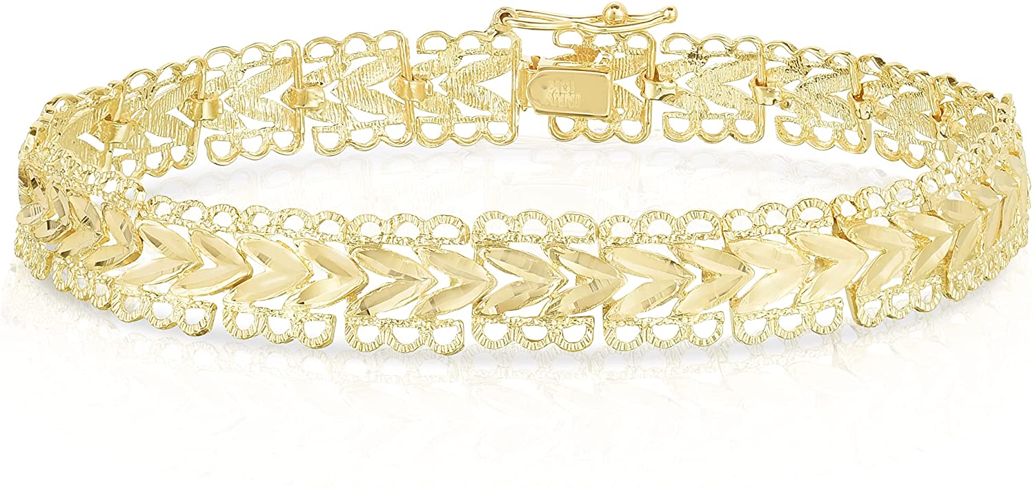 10k Yellow Gold 8.5mm Filigree and Leaf with Diamond Cut Finish Link Bracelet
